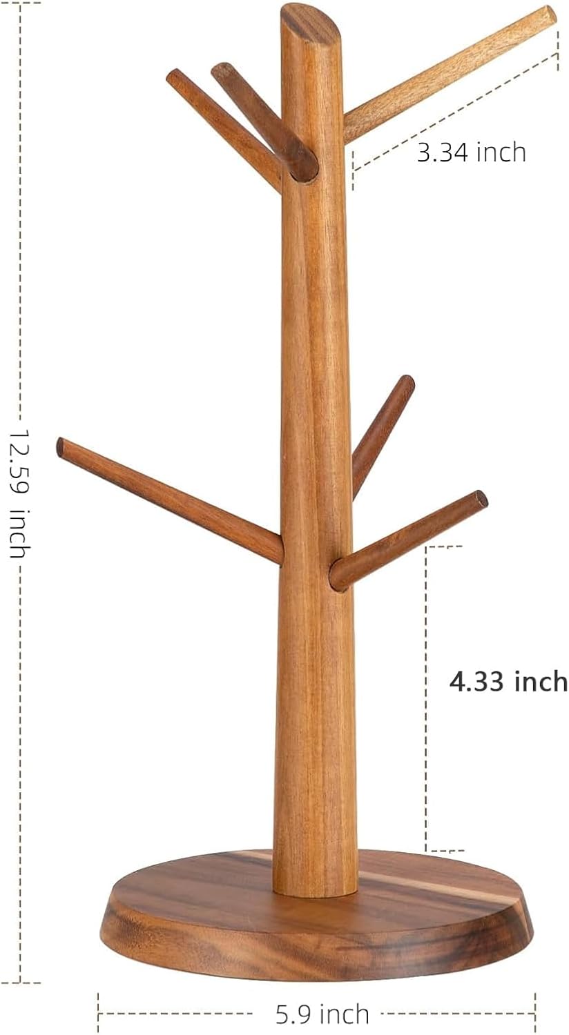 Acacia Wood Coffee Mug Tree Holder Countertop with 6 Hooks