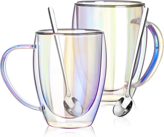 Double Walled Glass Coffee Mugs 12 OZ, Set of 2 Iridescent Glass Cups With Handle Perfect for Espresso, Cappuccino, Latte,