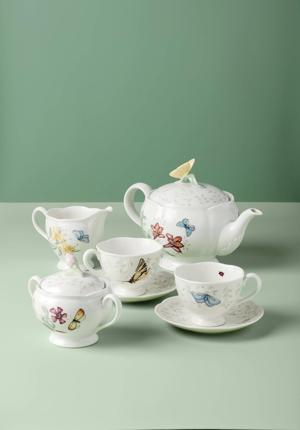 Lenox Butterfly Meadow Porcelain Teapot and Tea Cup Set, 9-Piece, 48oz | dishwasher safe | includes creamer, sugar bowl, 2 teacups, 2 saucers | floral tea party gift | 48oz, gift for women