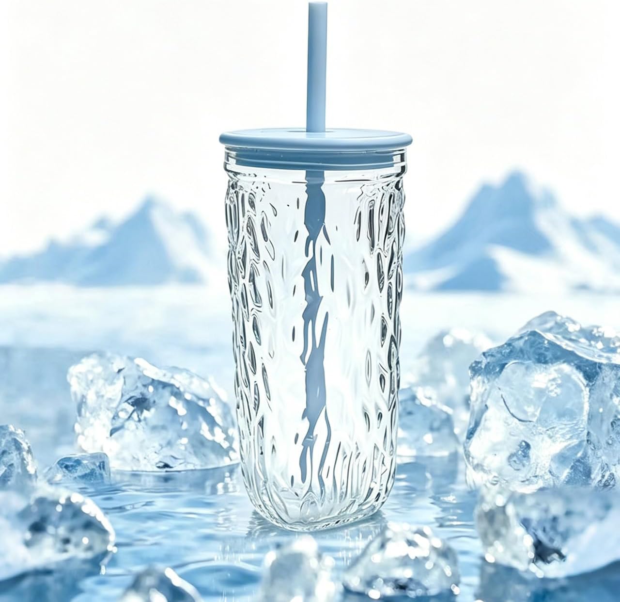 16oz Glass Tumbler with Lid and Straw, Glacier Texture Iced Coffee Cup, Cute Aesthetic Glass Cup with Triangle Base, Reusable Glass Coffee Cup for Cold Brew, Latte, Tea and Water