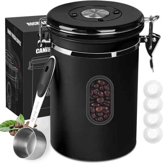 1500ML Airtight Coffee Canister with Date Tracker&Transparent Window, 18OZ Coffe Beans Storage with 30ML Measure Spoon&4 co2