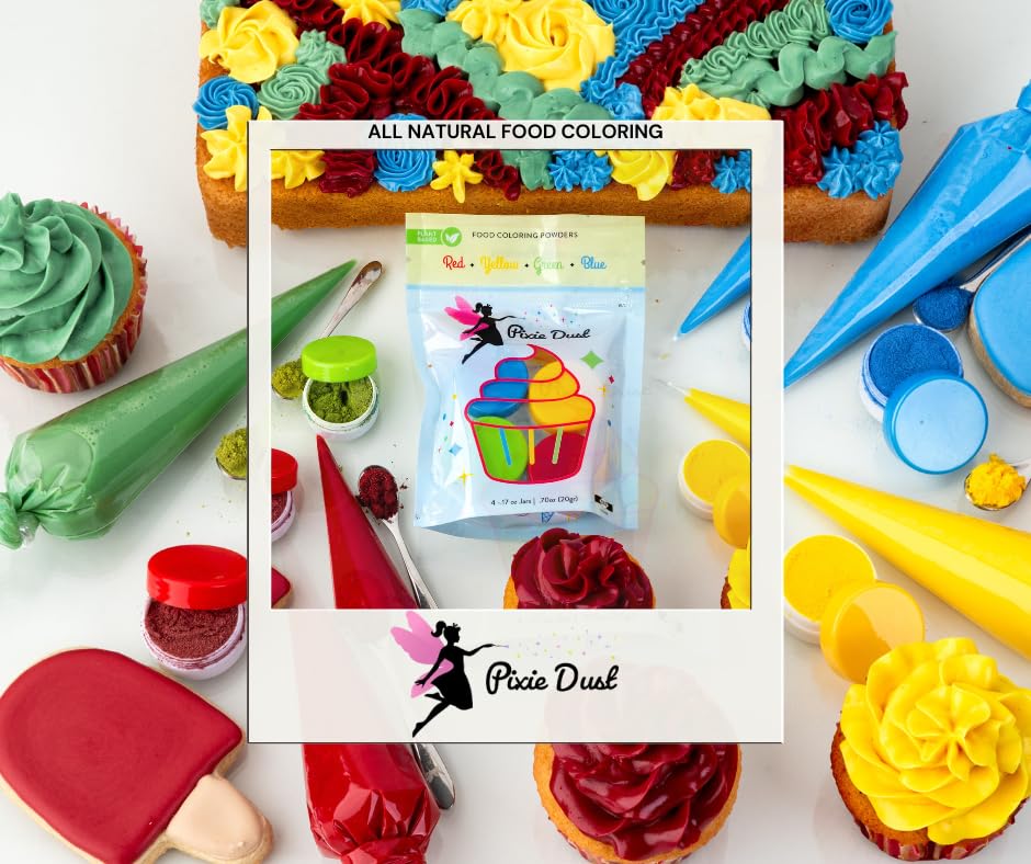 Pixie Dust Natural Food Coloring Powder, Red, Yellow, Blue &amp; Green Dye Free | Perfect for cake decorating, cookie frosting, icing &amp; drinks. Plant based, flavorless, kosher. Set of 4, 0.17 oz each.