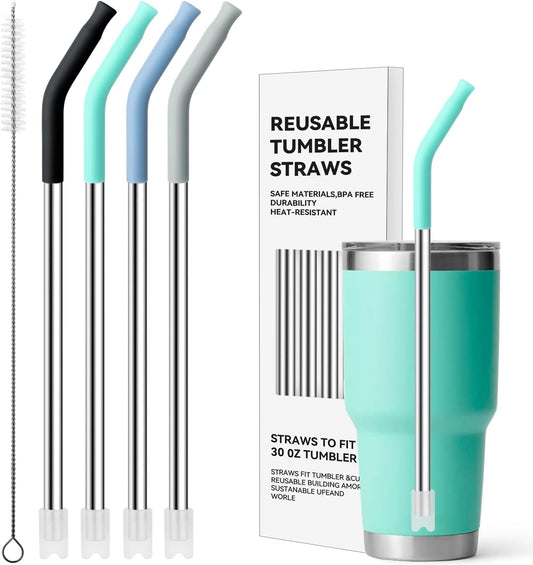 Stainless Steel Straws for 30 oz YETI Tumbler, 4 Pcs Metal Straws Reusable with Silicone Tip for 30 oz 35 oz YETI Cup(Color