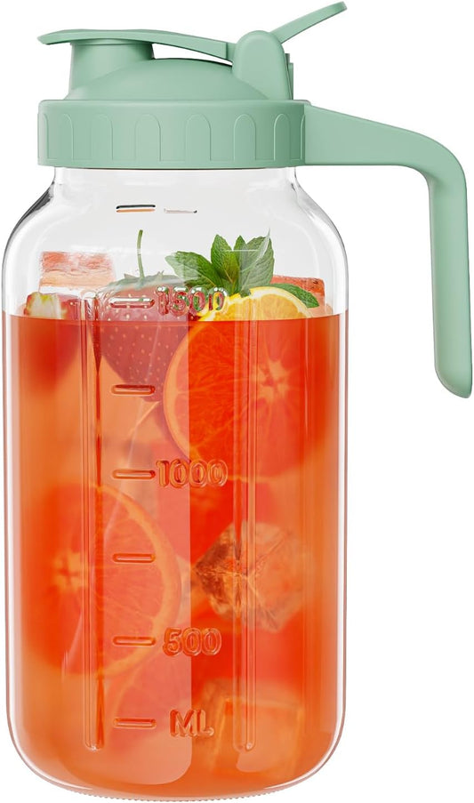 Glass Mason Jar Pitcher, 64 oz Wide Mouth Jug with Pour Spout Handle Lid for Cold Brew Coffee, Ice Beverage, Iced Juice,