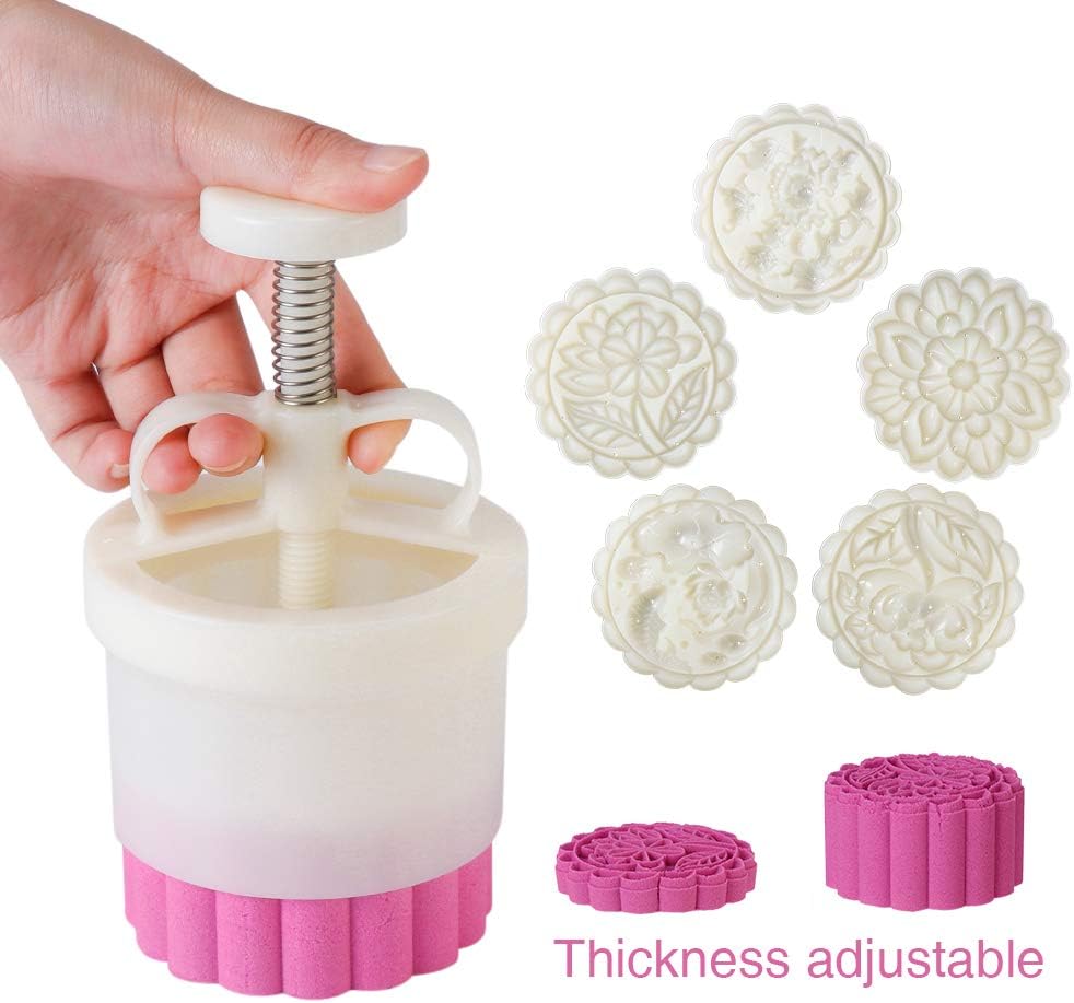 Cookie Stamp Mooncake Mold Set, Cookie Press Maker 180g Shaper | Thickness Adjustable, Bath Bomb Mold, Mid-autumn Festival Moon Cake Mold, DIY Shortbread Hand Cutter, Cake Pie Polvoron Mold