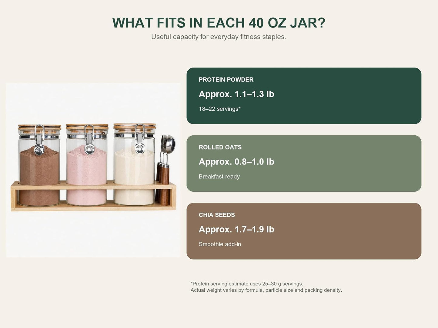 Glass Protein Powder Container Set, 40oz (1200ml) Airtight Collagen Storage Jars with Bamboo Lids &amp; 1 TBSP Measuring Spoons (3 Pack) - Wide Mouth Aesthetic Countertop Dispenser Organizer for Kitchen