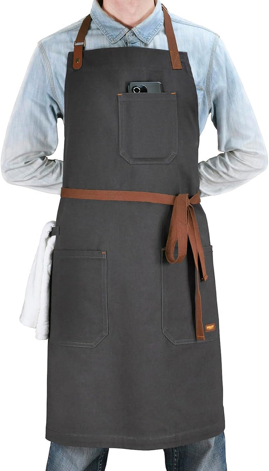 Professional Chef Apron for Men Women with Pockets, Bib Apron for Cooking Kitchen Grill BBQ, with Towel Loop and Adjustable