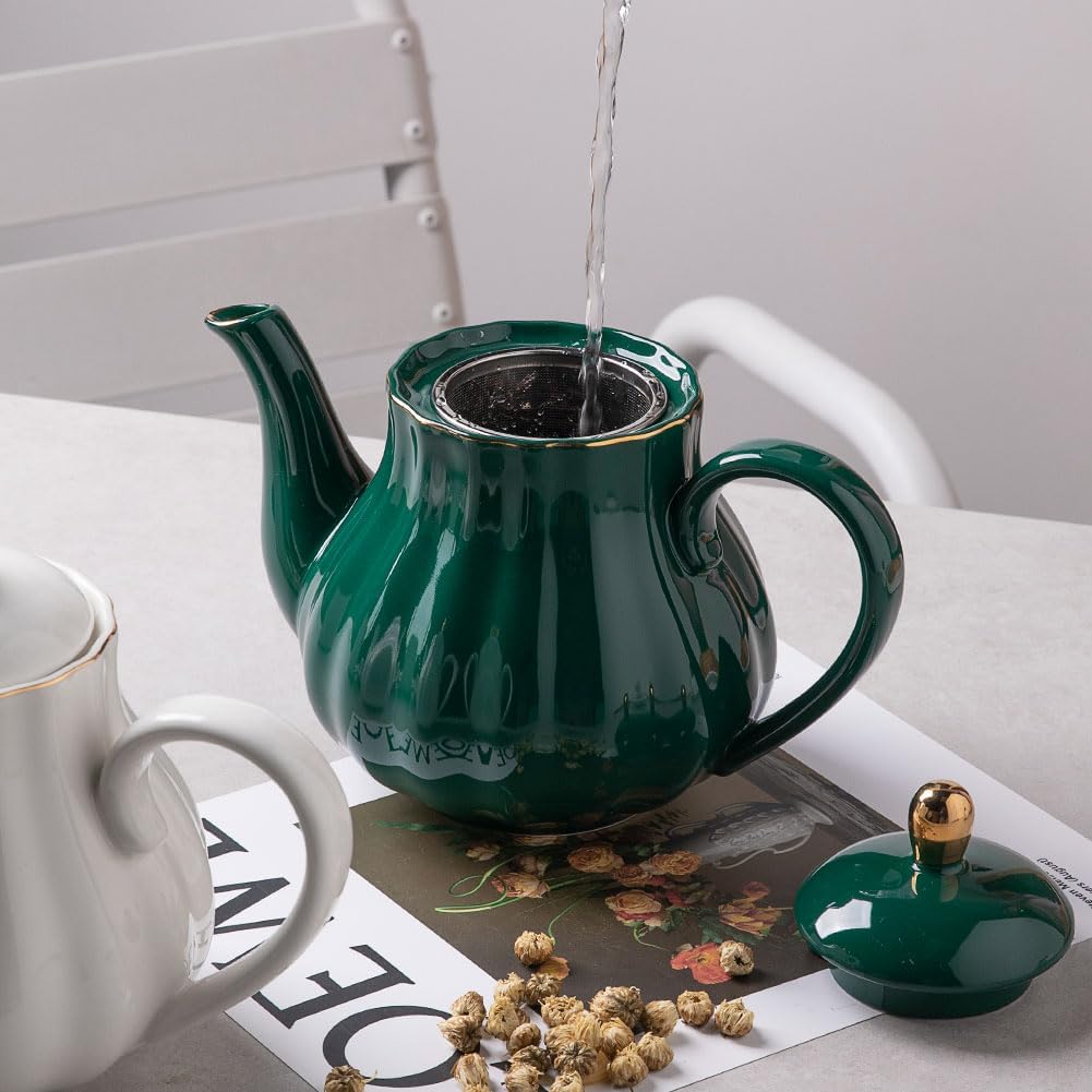 Sweejar Royal Teapot, Ceramic Tea Pot with Removable Stainless Steel Infuser, Blooming & Loose Leaf Teapot - 40 Ounce (Jade)