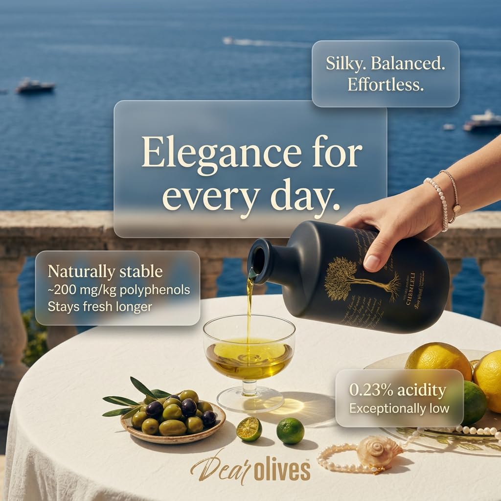 Dear Olives™ Smooth Mediterranean Extra Virgin Olive Oil, Early Harvest Cold Pressed, Balanced Taste &amp; Polyphenols, Perfect for Dipping, Drizzling and Cooking, Award-Winning 2025 Harvest in Premium Box, 700ml / 23.7 Fl Oz (Chemlali - Smooth)
