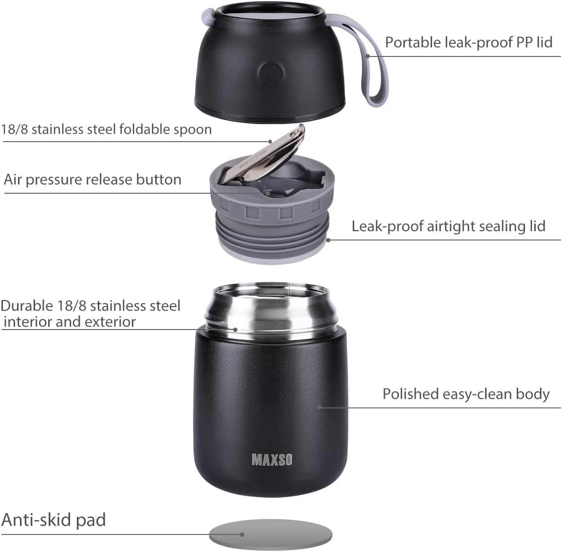 Insulated Thermo Food Jar for Hot &amp; Cold Food for Kids Adult, 17&amp;24 oz Soup Thermal Hot Food Containers for Lunch, Triple Layer Insulation Stainless Steel Food Jar with Spoon (2 Pack Black)