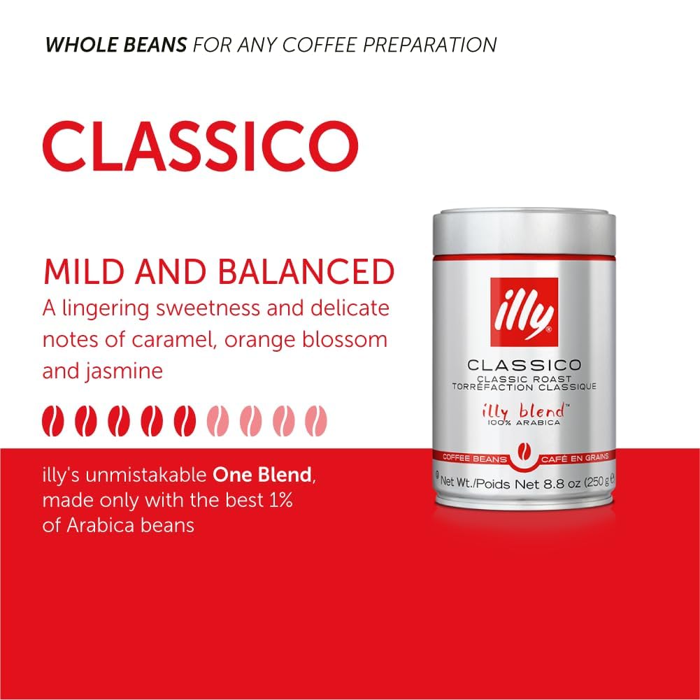 illy Whole Bean Coffee, Classico Medium Roast, 8.8oz, 12 Pack | 100% Arabica, Premium Italian Coffee, Ideal for Espresso, Drip, Moka and French Press Brewing