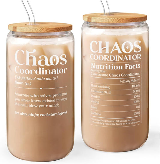 Chaos Coordinator 16oz Can Glass Tumbler with Bamboo Lid & Straw, Iced Coffee Cup for Female Coworker Friends Colleagues,
