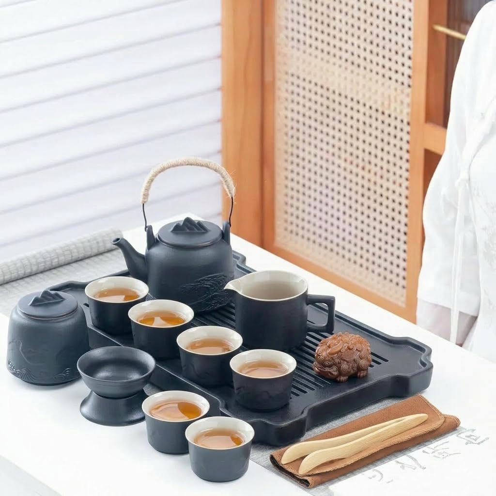 ICHAG Chinese Tea Set, Japanese Tea Sets for Adults, 15-Piece Porcelain Gongfu Tea Set with Tea Pet &amp; Tea Tray, Japanese Teapot Set, Travel Tea Party Set, for Home/Office/Outdoor/Gifts (Black)