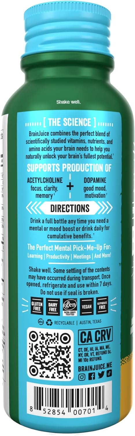 BrainJuice Decaf Peach Mango Nootropic Supplement Shot, 2.5 fl oz, 12 Pack