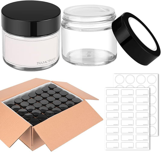 2 oz Round Clear Glass Jars, Bumobum 70 pack Cream Jars with Black Lids, Black and White Labels & Inner Liners, Empty