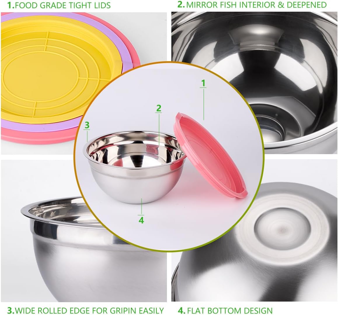 Leidawn Mixing Bowls with Lids Set, 25 PCS Colorful Mixing Bowl for Kitchen | Stainless Steel Nesting Bowls for Baking, Mixing, Serving &amp; Prepping, Size 5, 3.7, 2.8, 2.3, 1.7, 1.1, 0.7QT, 11 Utensils