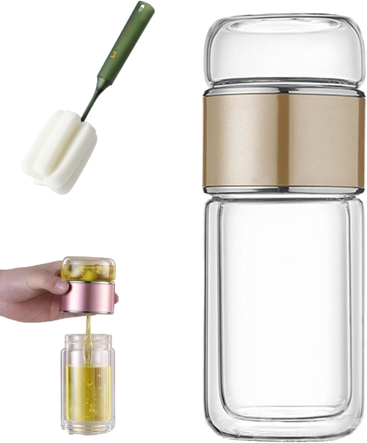 QUROXO 2025 New Glass Infuser, 3-In-1 Smart Tea Infuser with Cup Brush, Double-Layer Borosilicate Glass Tea infusers Separation Cup (Gold, 350ml (12oz))