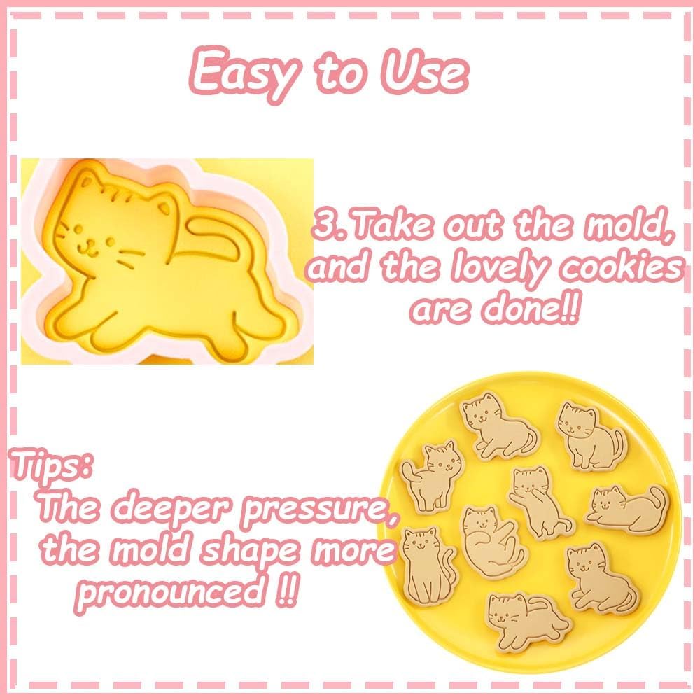8 pcs Cat Cookie Cutters Set, 3D Cute Kitty Cookie Stamps | Cupcake Pancake Apple Pie Pastry Biscuit Molds, Fruit, Sandwich Cutter, Cookie Baking Molds for Cat Party Decorations