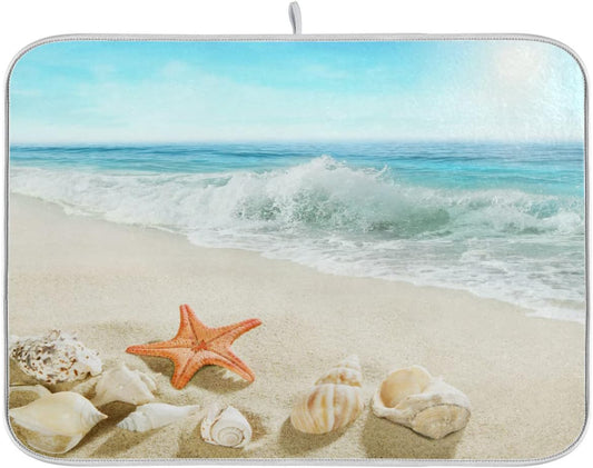 Summer Beach Dish Drying Mat 18 x 24 Inch Sea Wave Shells Starfish Drying Mat with High Absorbent Reversible Microfiber