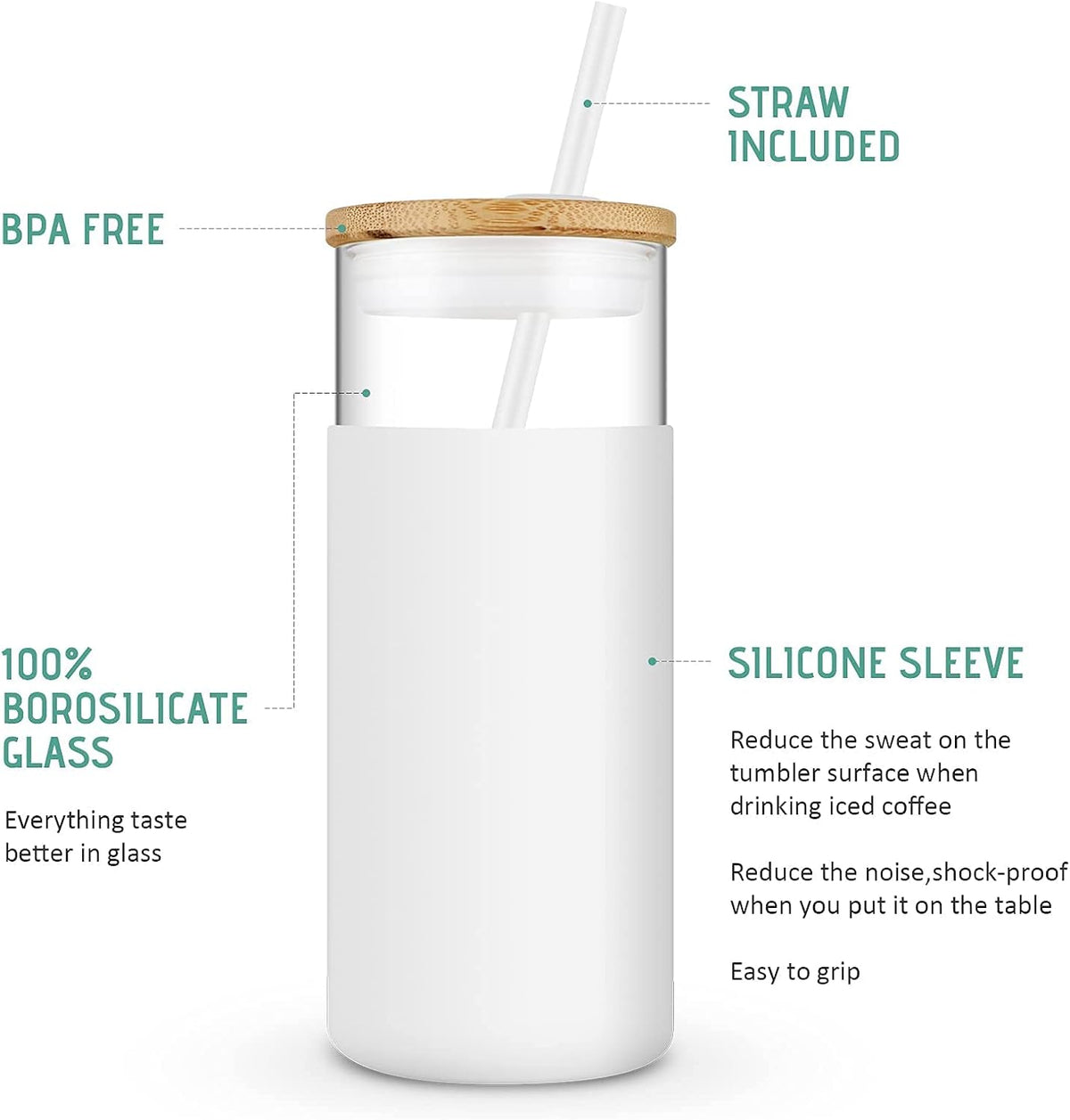 Tronco 20 oz Glass Tumbler with Lid and Straw, Reusable Iced Coffee Cup with Silicone Sleeve & Bamboo Lid, Smoothie Cup for Home,Office, for Father Men Day Gift from Wife Daughter Son (Blackish Green)