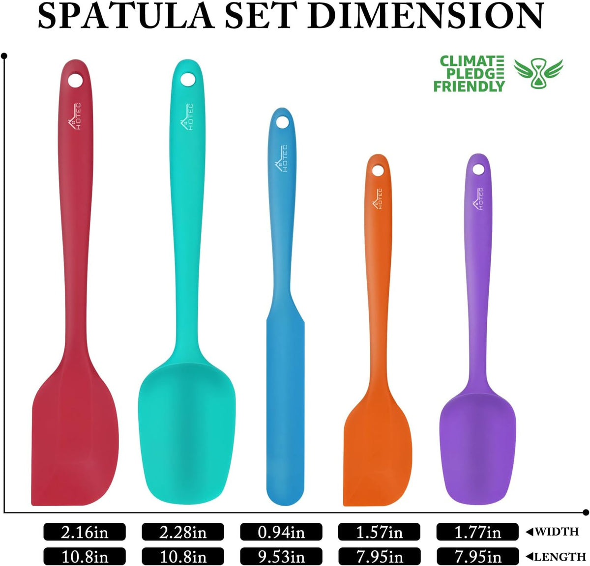 HOTEC 600℉ Heat Resistant Silicone Rubber Spatula Set,Multicolor, Set of 5
