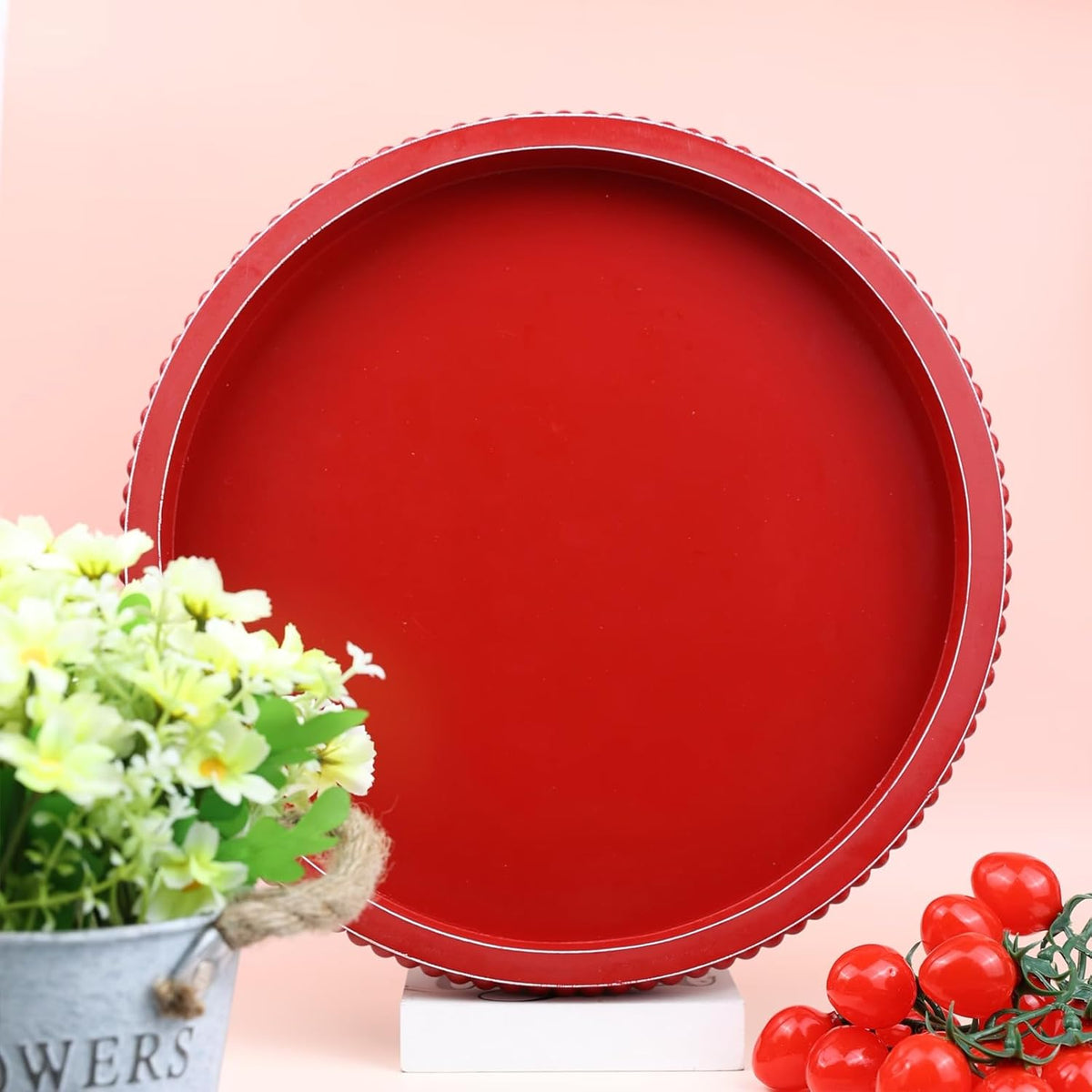 Red Round Wood Decorative Ottoman Tray for Coffee Table Kitchen Counter, Living Room, Handcrafted Wooden Serving Tray for Table Centerpiece