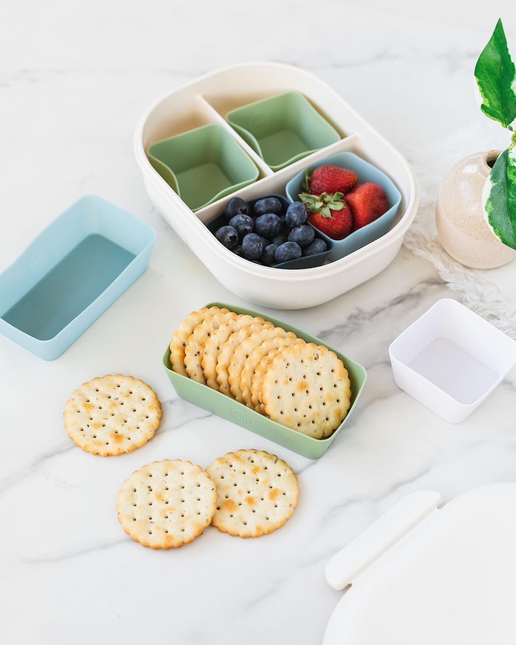 Reusable Silicone Bento Baking Cup, Non-Toxic, BPA Free, Dishwasher Safe Bento Box Accessories Lunch Box Dividers, Square and Rectangle, 24 Pack, Blue, White, Green