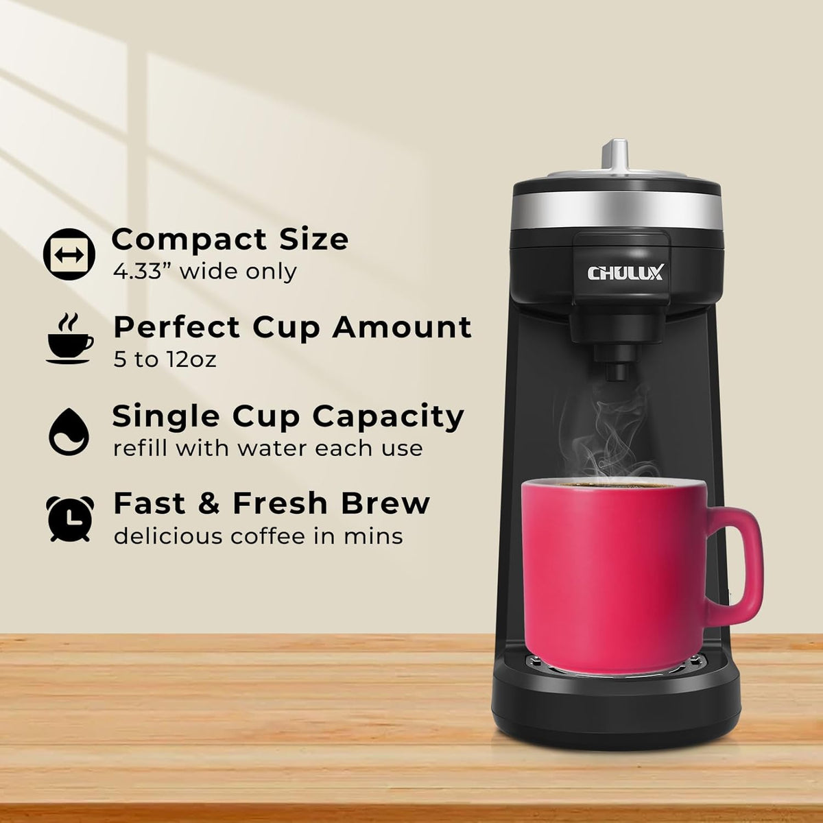 CHULUX Mini Single Serve Coffee Maker for K Pod, Brew Up to 12oz Cup, Black | Fast-Heating Boiler System, Single Cup Brewing, Portable Compact Design, Four-Hole Multi-Stream Needle, Adjustable Drip Tray