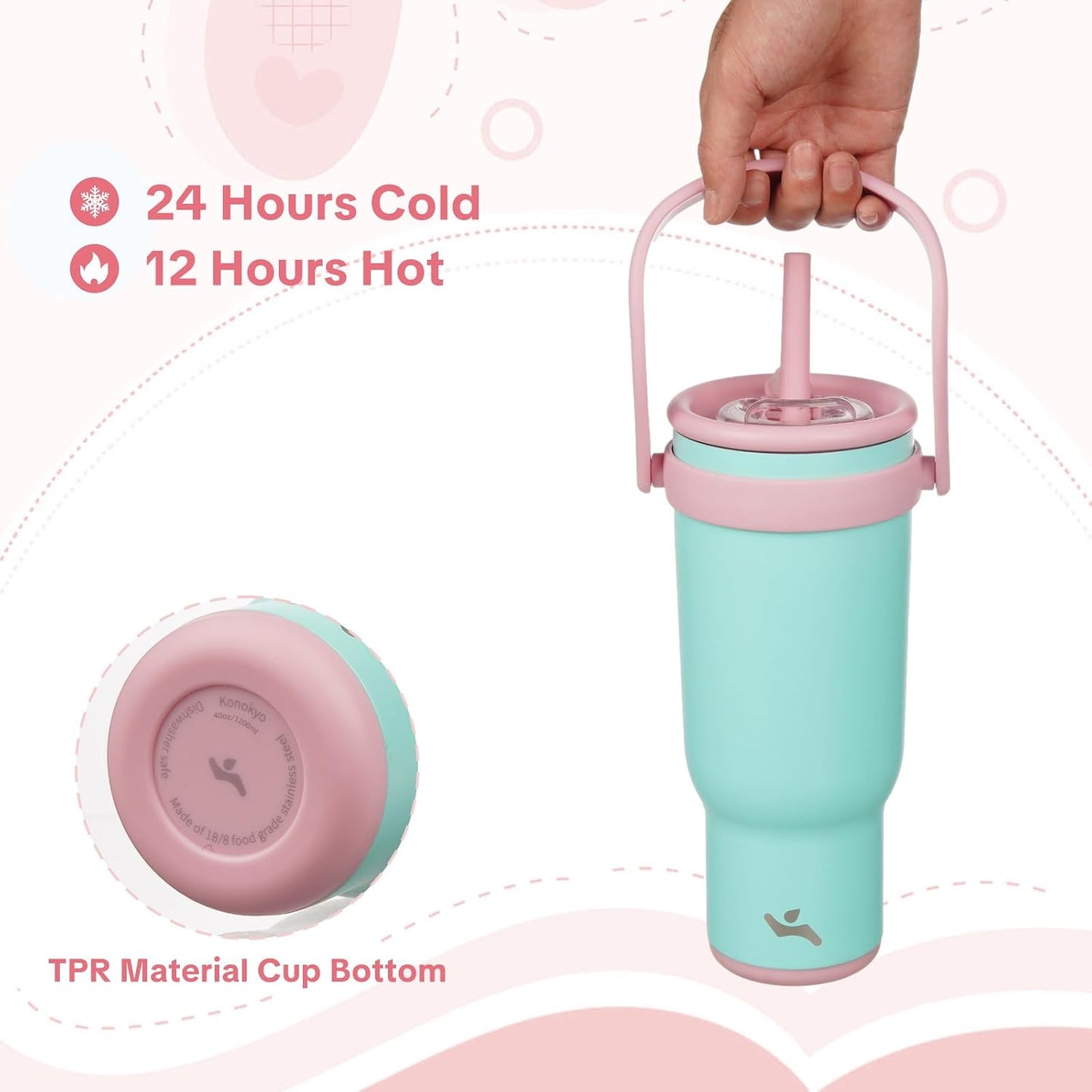 Konokyo 40 oz Tumbler with Handle and Straw, Insulated Travel Mug | Guava; BPA-free, spill-resistant tumbler with 2 straws and 2-in-1 lid for coffee, office, travel &amp; daily use