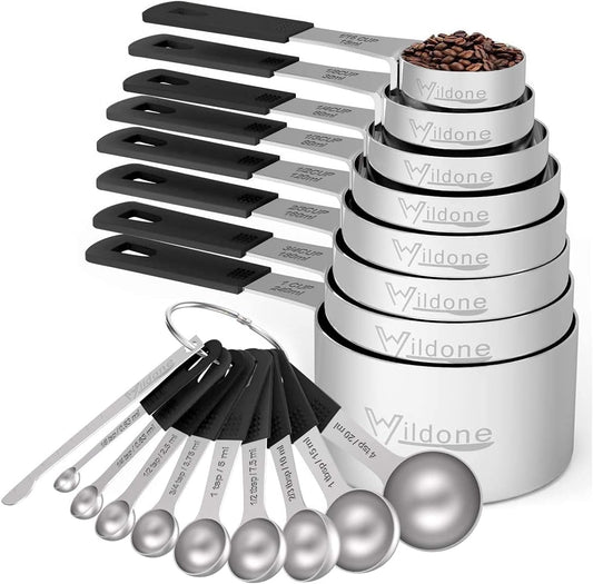 Measuring Cups & Spoons Set of 18 - Wildone Stainless Steel Nesting Measuring Cups 8 Piece and 9 Measuring Spoons, 1
