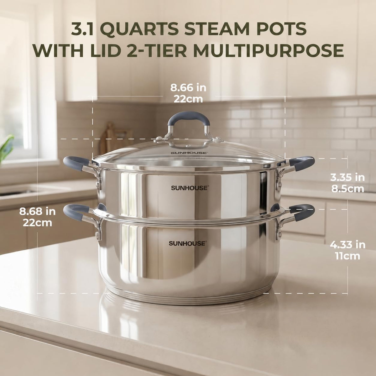 Sunhouse - 3.1 Quarts Steamer Pots With Lid 2-Tier Multipurpose Stainless Steel Steaming Pot Cookware For Vegetable, Dumpling, Sauce, Food - Triple Bottom, Measurement Line