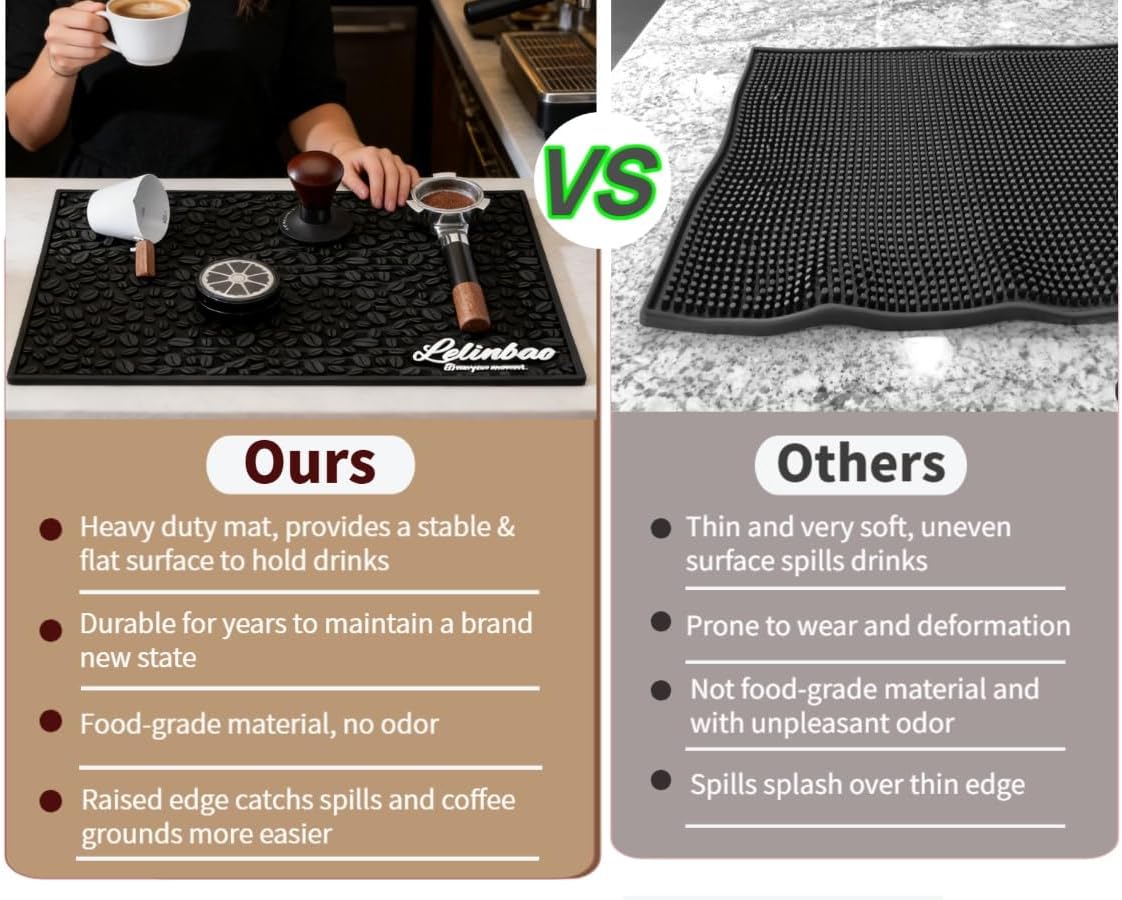Coffee Bar Mats for Countertop, Bar Decor Accessories, Coffee Machine Tray for Countertop, Non-slip Dish Drying Mat, Rubber Barista Tools Pad, Espresso Organizer (Black, 18"x12")