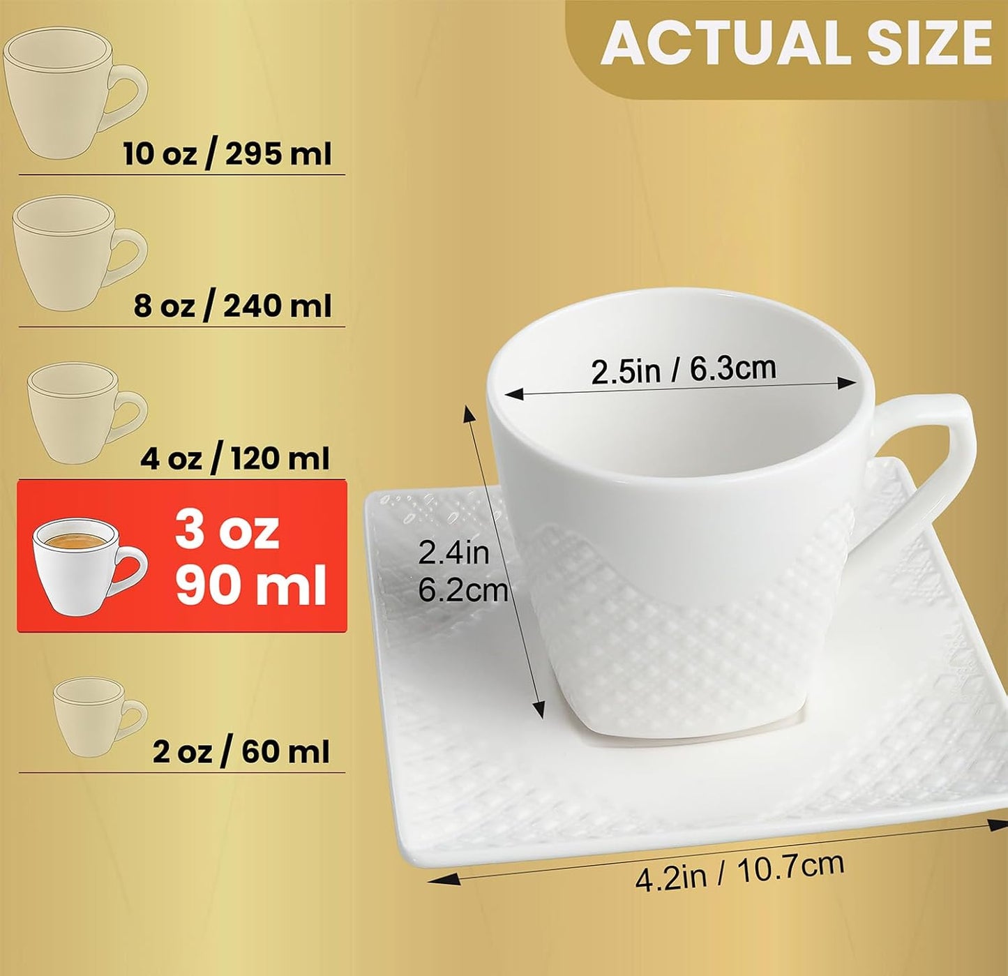FUOCCI Turkish Coffee Cup Set of 6, Espresso Cups &amp; Saucer, 3 oz Porcelain