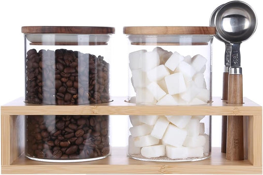KKC HOME ACCENTS Vacuum Sealed Sugar Coffee Container set with Spoon for Countertop,Glass Sealed Jar Canisters with Wood