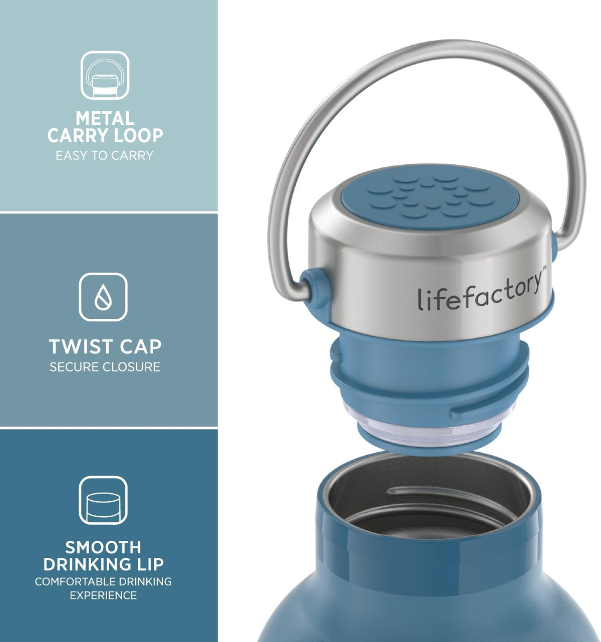 Lifefactory 16oz Stainless Steel Sports Bottle with Chug Cap, Dark Denim | Vacuum Insulated, Chug Cap, Carry Handle, BPA Free, Reusable, Dishwasher Safe