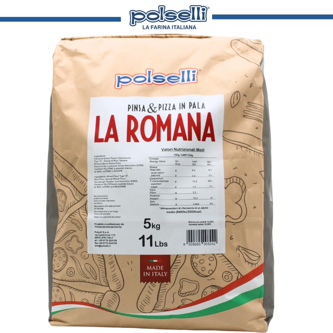 POLSELLI La Romana Pinsa &amp; Pizza Flour, Type 0, Wheat &amp; Rice Flour, 5 kg | High-Protein Wheat &amp; Rice Blend For Roman-Style Pizza And Flatbread Light Airy Crust, Crunchy Texture For Sourdough &amp; Baking