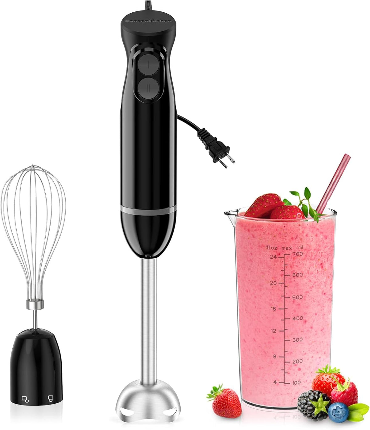 Bonsenkitchen 3-in-1 Immersion Blender Handheld with 2 Mixing Speed | Hand Blender with Egg Whisk &amp; 24oz Beaker, Stainless Steel Blade, Portable Stick Mixer for Smoothie, Soup, Baby Food