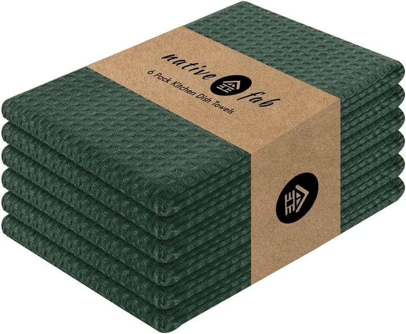 Native Fab Cotton Kitchen Towel with Hanging Loop 16x26 inches, 6-Pack, Waffle Weave Kitchen Towels for Cleaning Drying, Washcloths Soft & Absorbent Cloth Rags, Bar Towel, Dish Cloth, Olive Green