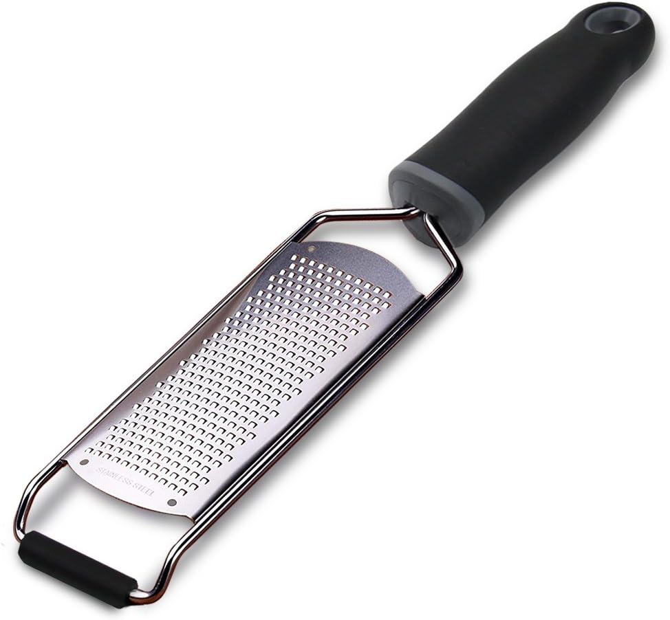Wide Lemon Zester &amp; Cheese Grater, 18/8 Stainless Steel with Cover, Black | Extra-wide Fine Grating Surface for Citrus, Parmesan, Ginger and Garlic, 18/8 Stainless Steel Blade, Non-slip Top Pads, Cover