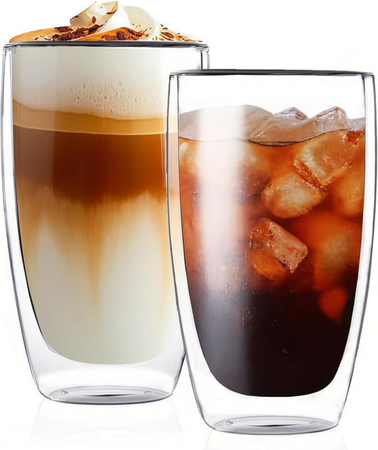 17oz Double Wall Glass Coffee Mugs Set of 2, Insulated Coffee Mug, Clear Borosilicate Glass Coffee Cups for Cappuccino, Tea,