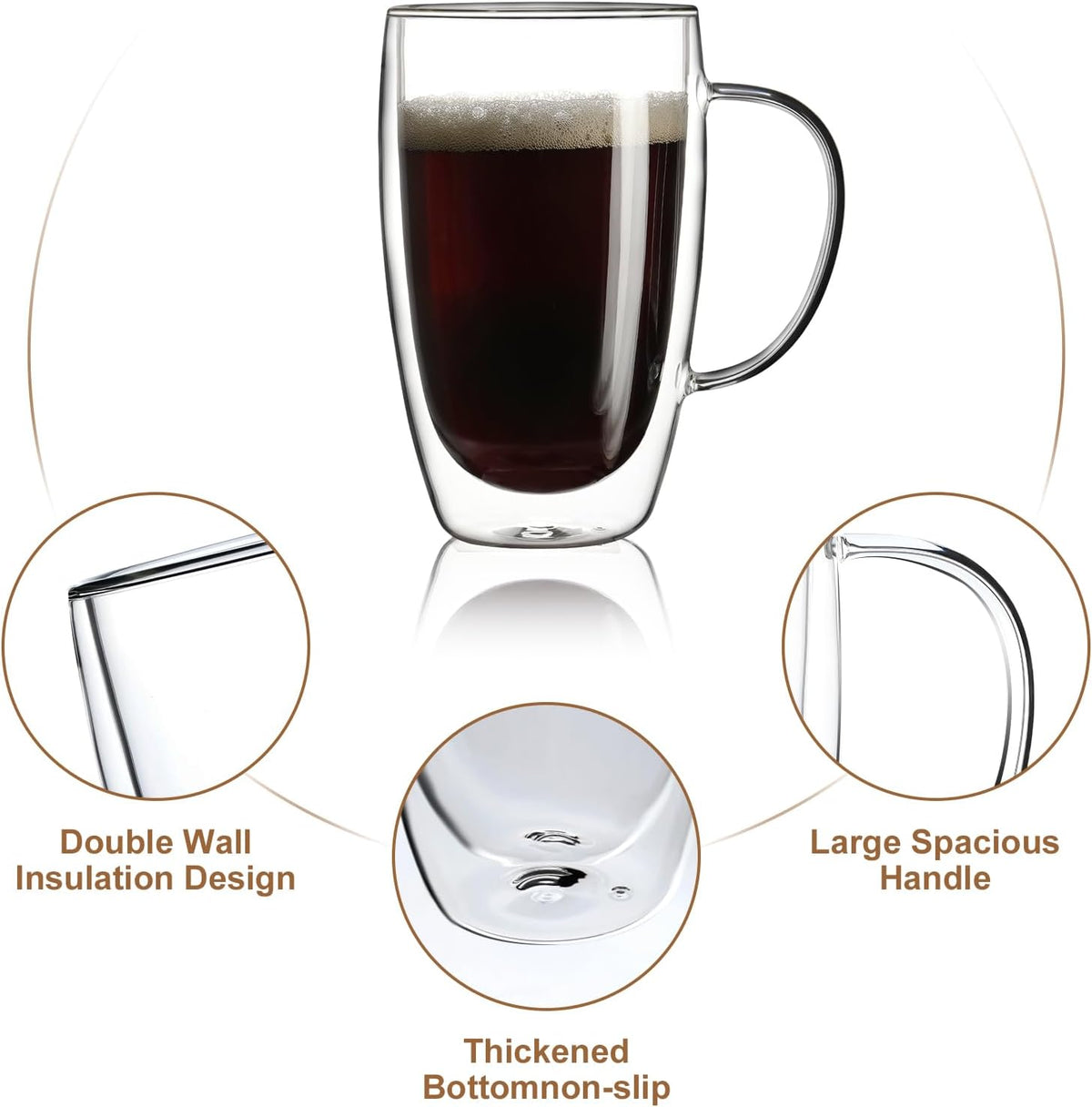 Aurzen 2 Pack Double Walled Glass Coffee Mugs with Handles, Large Insulated Layer Coffee Cups, 15oz Clear Borosilicate Mugs, Perfect for Cappuccino, Tea, Microwave Safe