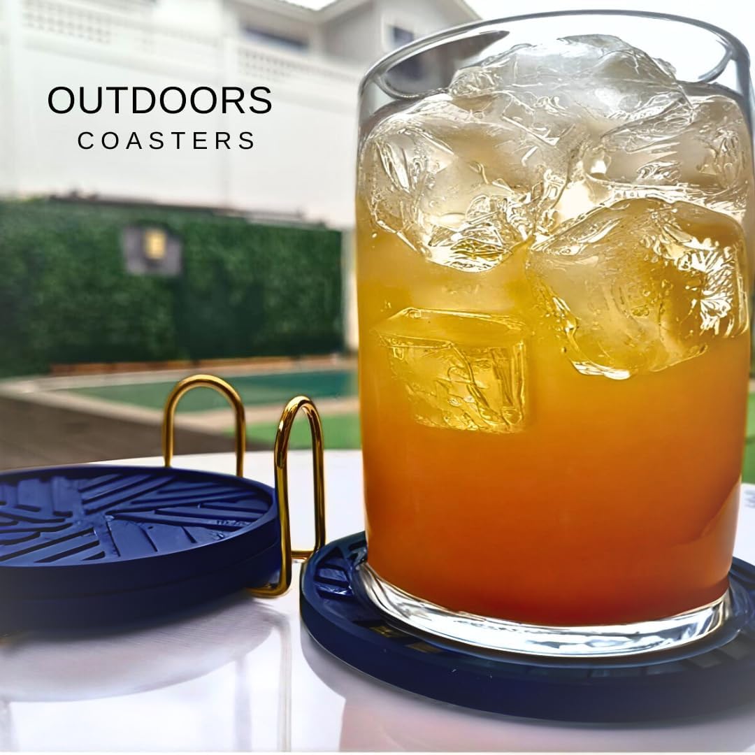 Navy Blue Coasters Set of 6 - Non-Slip Table Coasters for Drinks with Groove Patterns &amp; Gold Holder 4", 0.23"