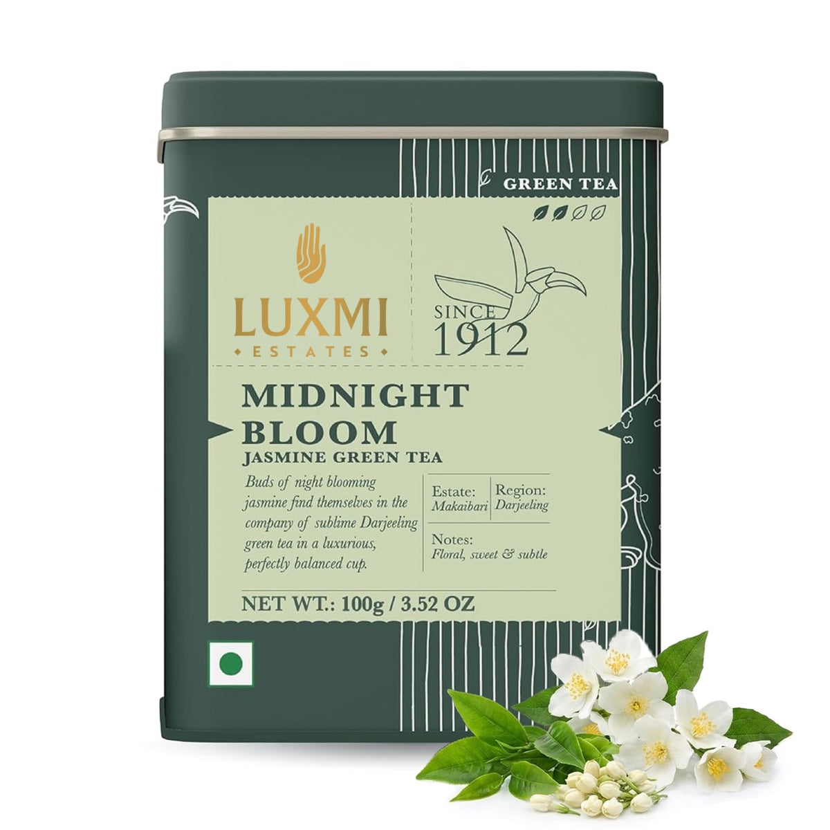 Luxmi Estates Jasmine Green Loose Leaf Tea 100g/3.52oz (50 cups), Midnight Bloom in Tin Caddy