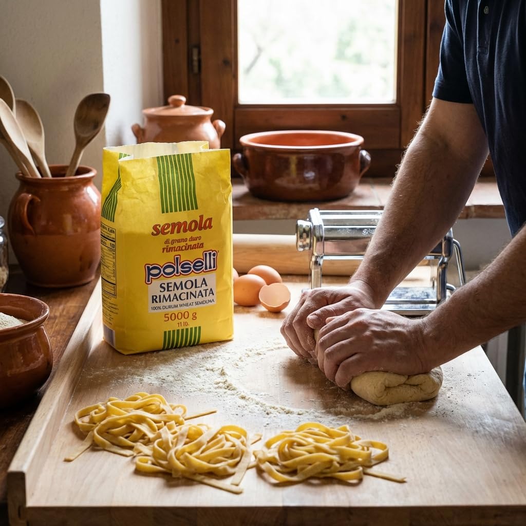 POLSELLI Semola Flour, Semolina Rimacinata Di Grano Duro, 1 kg (2.2 lbs) | Fine-Milled Durum Wheat For Bread, Pizza And Pasta Making, Fine Texture, Easy Dough Handling, Product Of Italy