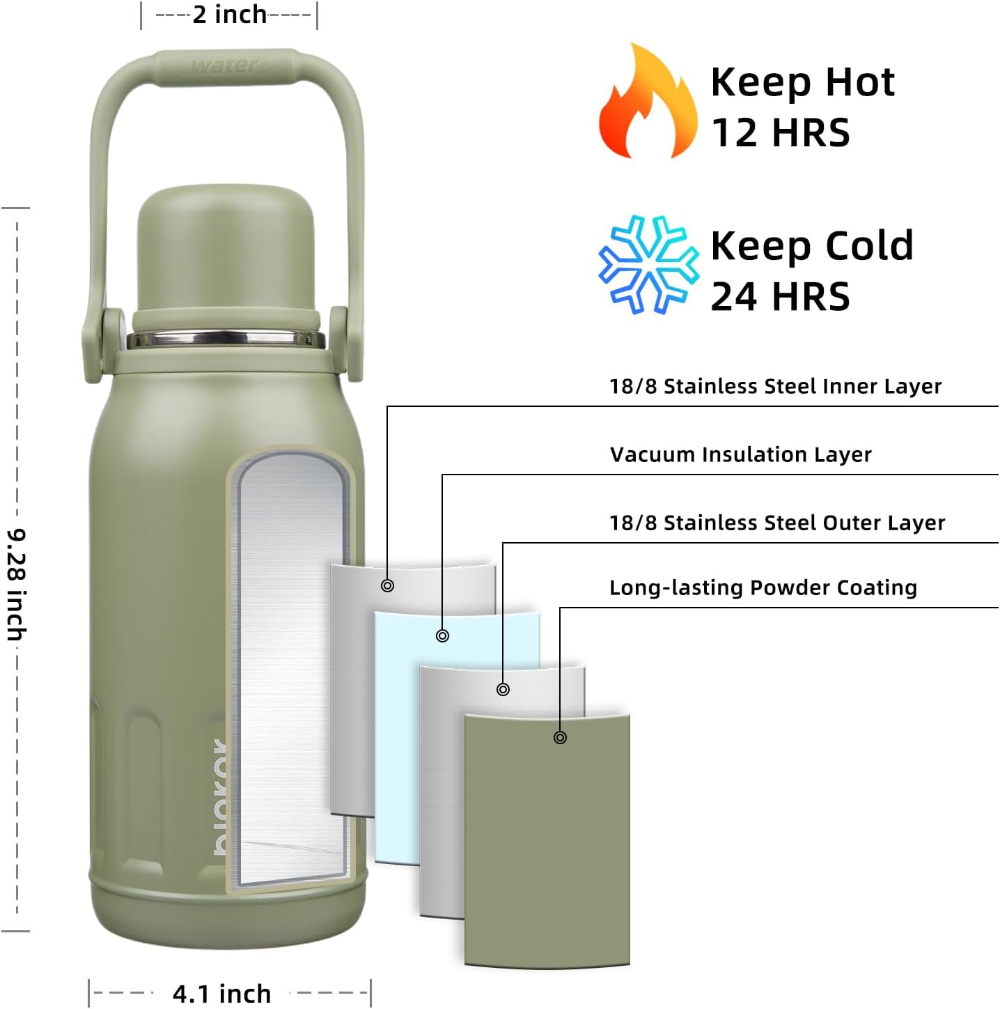 BJPKPK Insulated 40oz Thermos Dishwasher Safe Water Bottle with Lid and Carry Handle Stainless Steel Water Bottles for Sports,Army Green