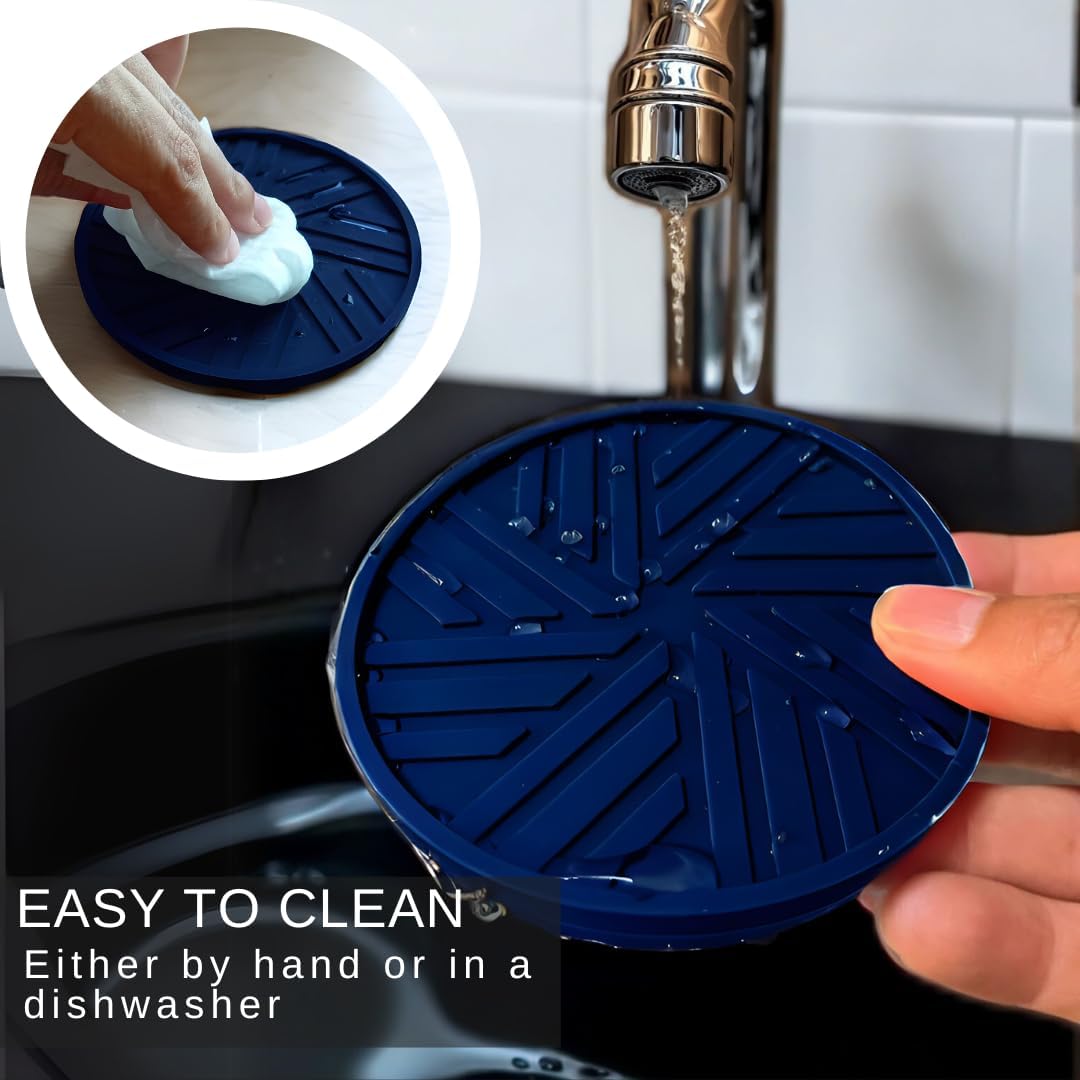 Navy Blue Coasters Set of 6 - Non-Slip Table Coasters for Drinks with Groove Patterns &amp; Gold Holder 4", 0.23"