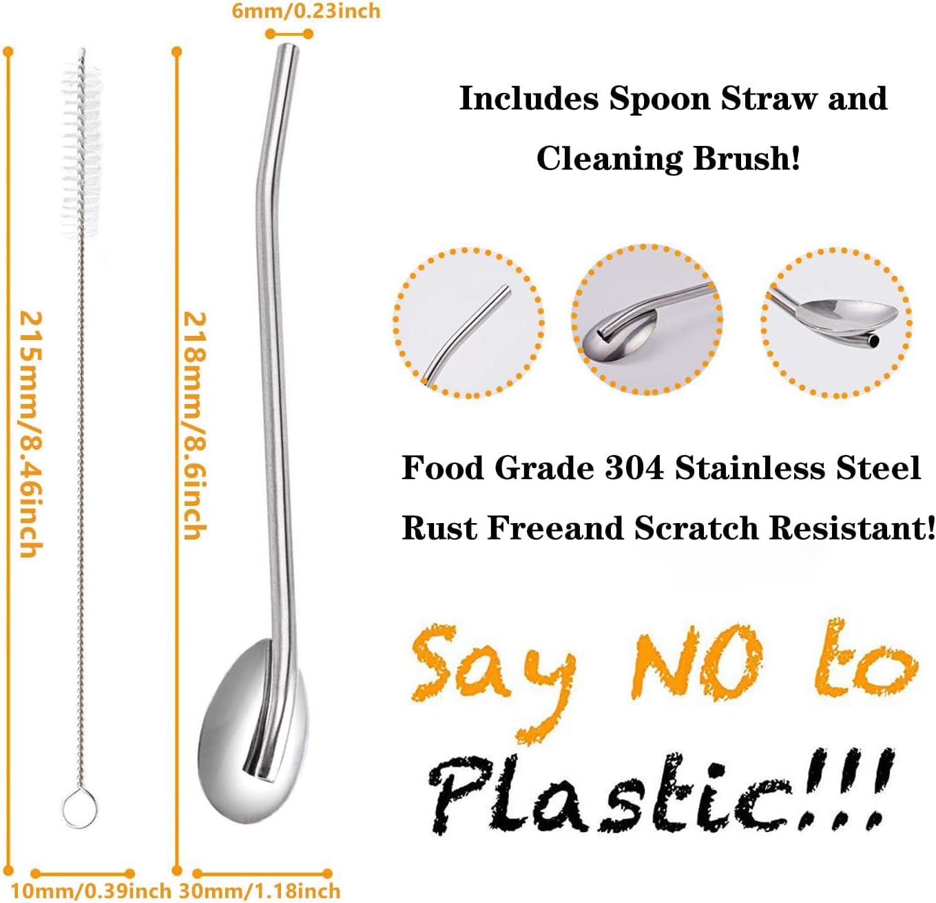 8pcs 2 in 1 Stainless Steel Straws Spoons with 2pcs Cleaning Brushes | Reusable Metall Straws Spoon Snow Cone Straws Drinking Stainless Steel Ice Tea Long Spoons Straws for Cocktail Milkshake