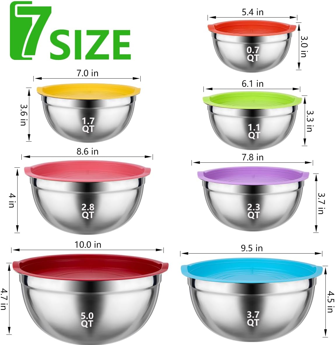 Leidawn Mixing Bowls with Lids Set, 25 PCS Colorful Mixing Bowl for Kitchen | Stainless Steel Nesting Bowls for Baking, Mixing, Serving &amp; Prepping, Size 5, 3.7, 2.8, 2.3, 1.7, 1.1, 0.7QT, 11 Utensils