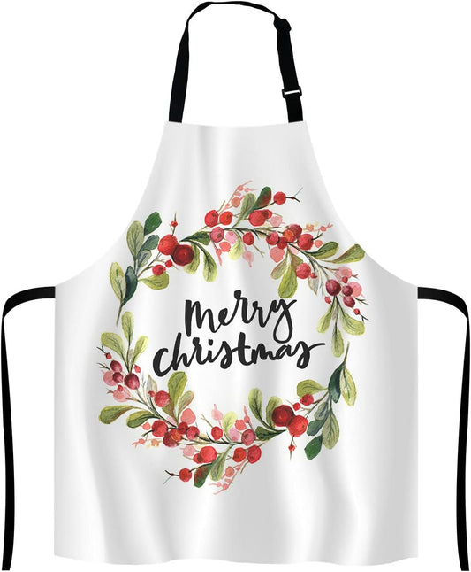 Merry Christmas Berry Wreath Apron for Women and Men, Adjustable Kitchen Chef Apron for Cooking Baking - Cute Birthday,