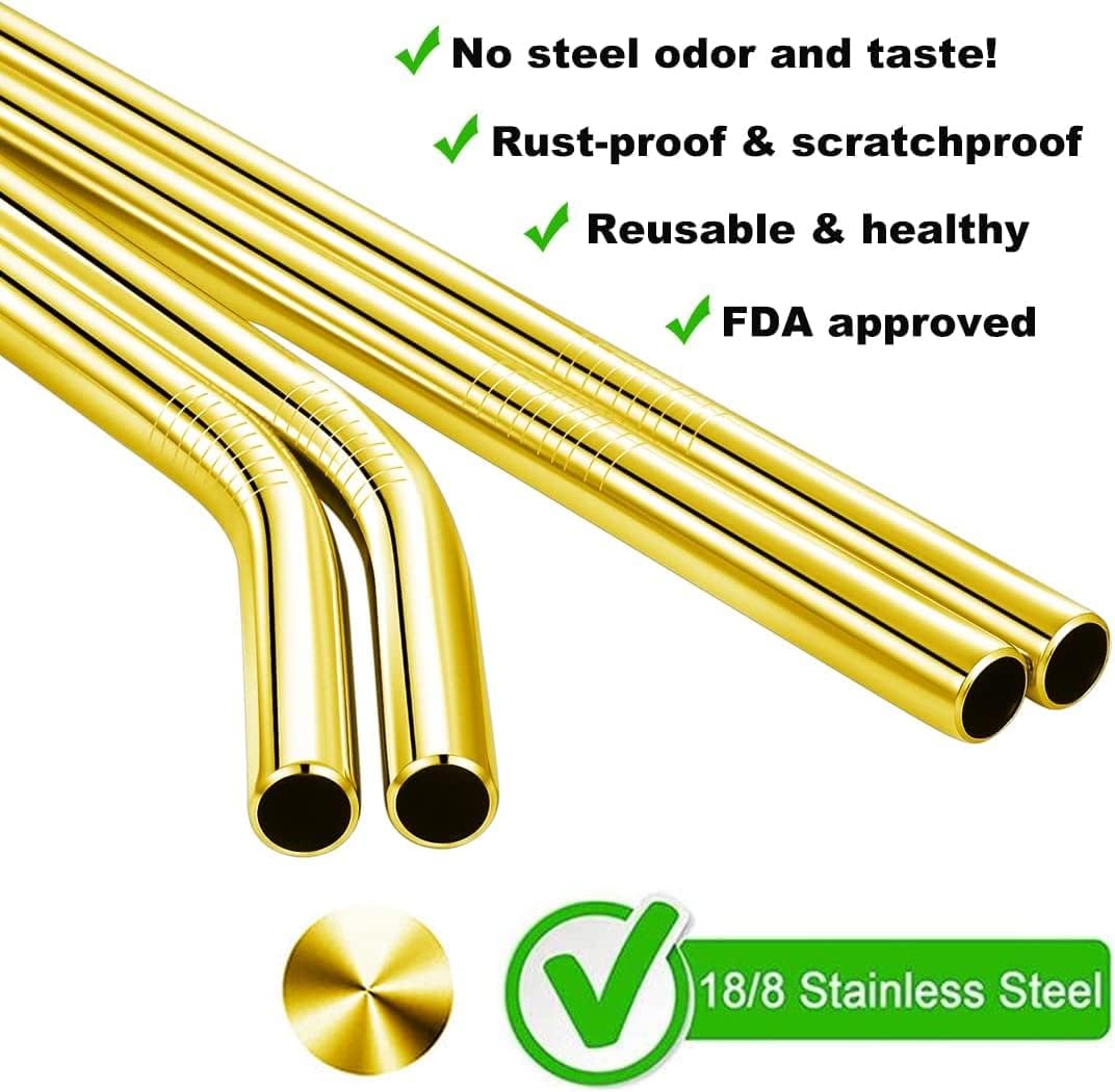 Vinaco 6 Pack Gold 0.4" Wide Bore Reusable Stainless Steel Smoothie Straws